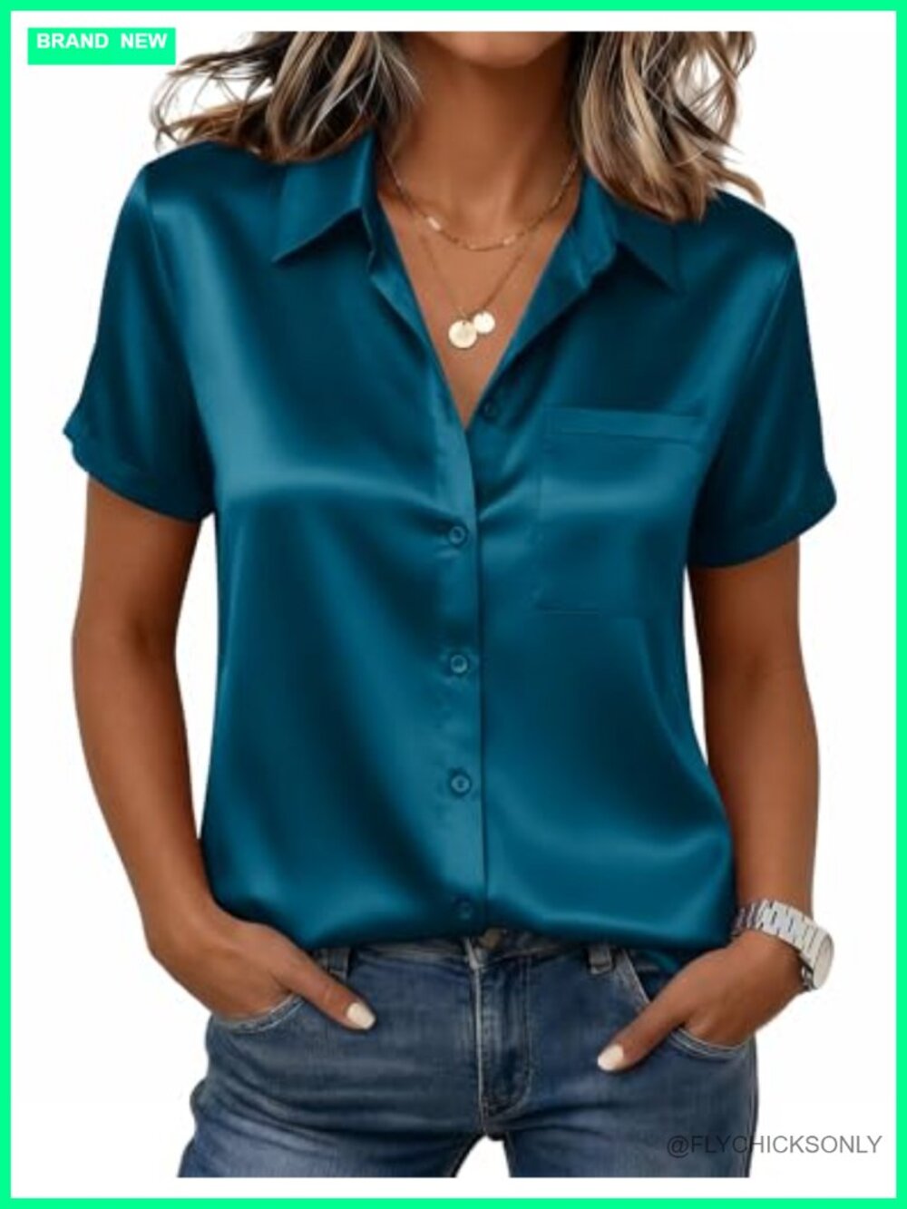 Satin Silk Button Down Blouse Short Sleeve V-Neck Women's Top